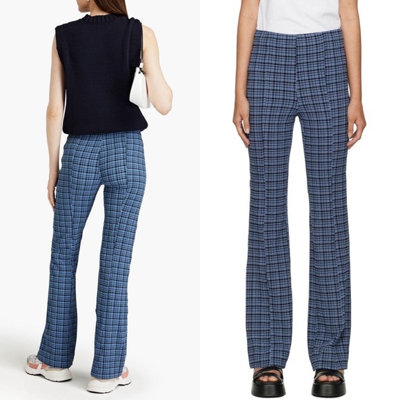 GANNI Plaid Check Stretch Seersucker High Rise Bootcut Flare Leg Pants 4 - Picture 3 of 10